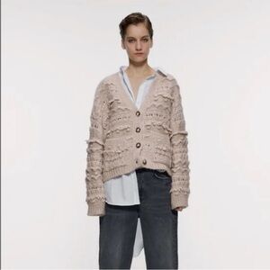 Zara Pom Pom Oversized Chunky Knit Tan Cardigan